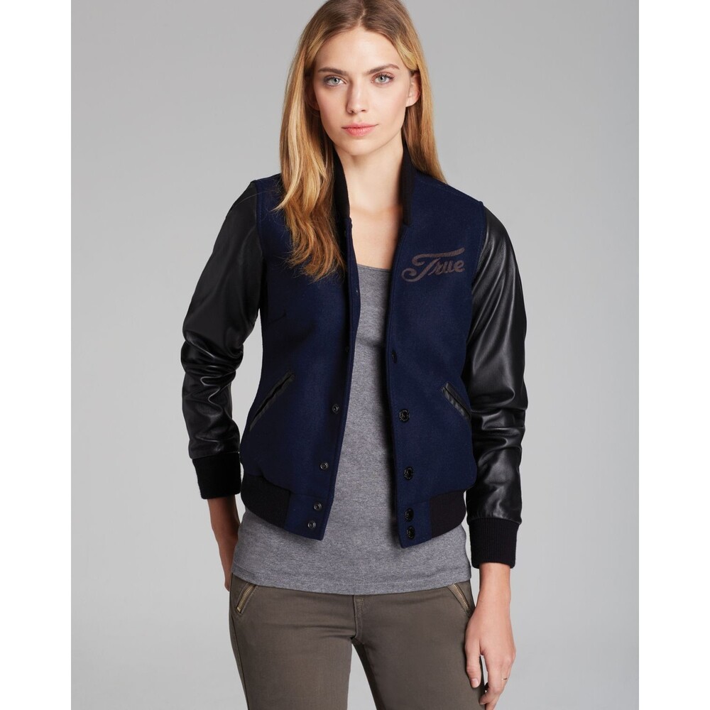 New NWT Womens True Religion Varsity Leather Jacket M Dark Navy Blue Black Wool